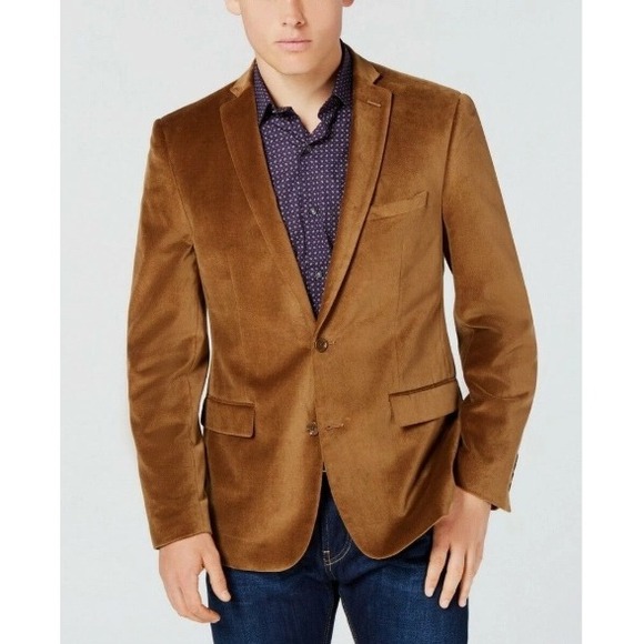 Bar III Mens Slim Fit Sports Coat Golden Brown Velvet Blazer 42L Jacket - Picture 1 of 13